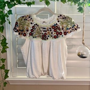 Free People High Neck Floral Tulle Bubble Shirt White XS